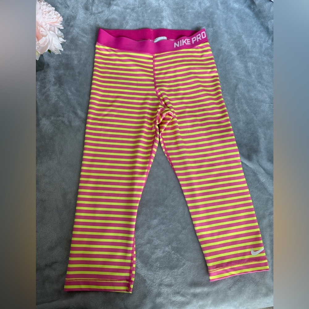 Nike Pro Pink and Yellow Striped Active Leggings